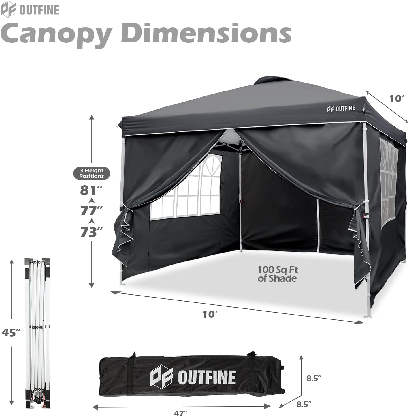 OUTFINE - Toldo desplegable de 10 x 10 pies, para cenador instantáneo, totalmente impermeable, toldos para fiestas al aire última intervensión con 4 paredes laterales extraíbles, estacas x 8, cuerdas x 4 (negro, 10 x 10 pies)