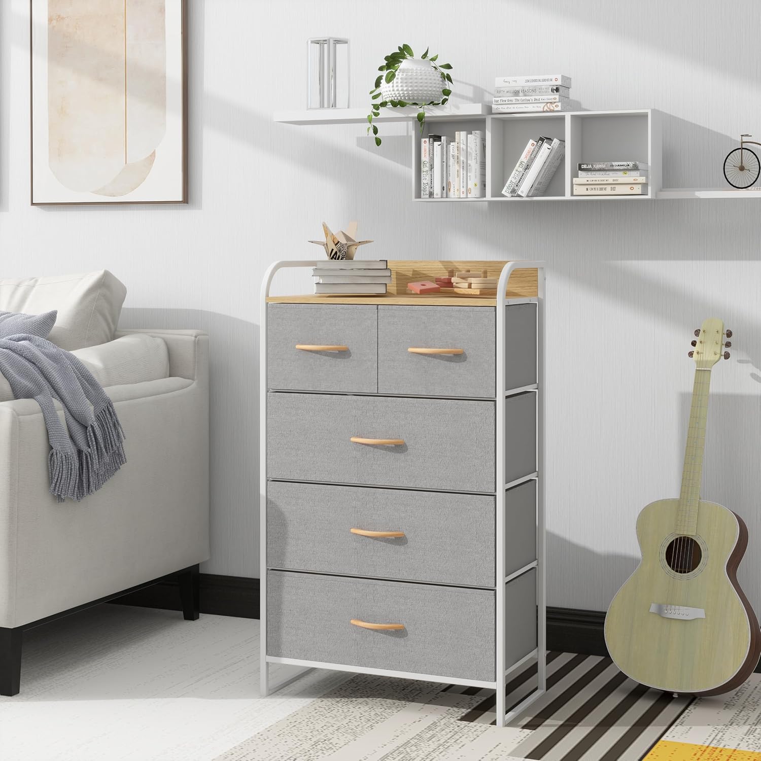 MU:4LIFE Cómoda De 5 Cajones Almacenamiento para Hogar Y Oficina, Organizador Cajonera De Estructura Metal y Cajones De Tela Lino Poliéster y Tela No Tejida (Gris Claro)
