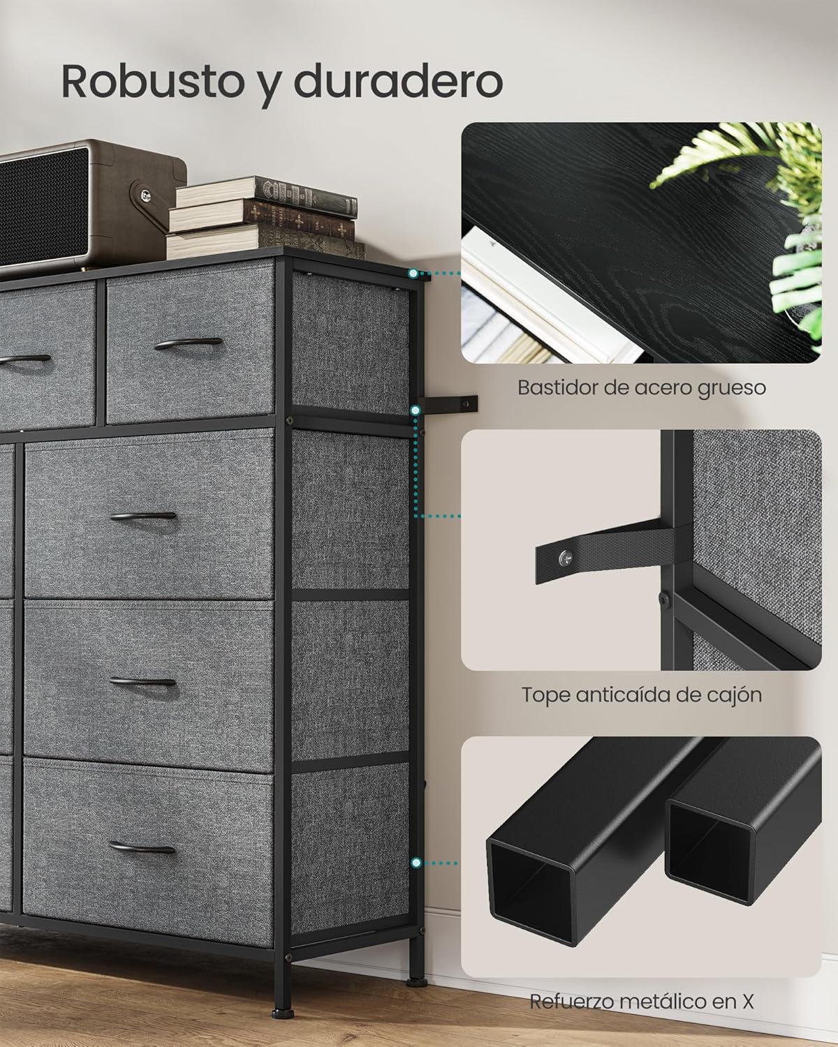SONGMICS Cómoda, con 9 Cajones, Mueble de Almacenaje, Tela no Tejida, para Dormitorio, Recibidor y Salón, Gris Pizarra MLGS324G101