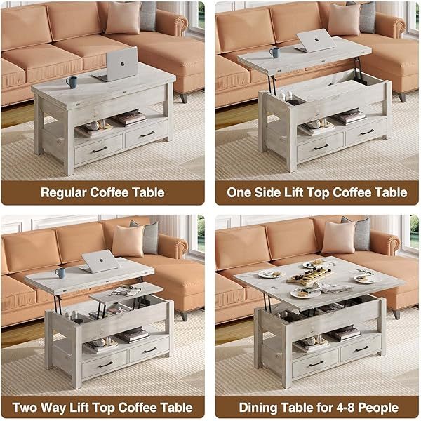 Mesa de centro con cubierta elevable, convertible, multifunción, con cajones y compartimiento oculto, se convierte en mesa de comedor, para sala de estar, oficina en casa, gris