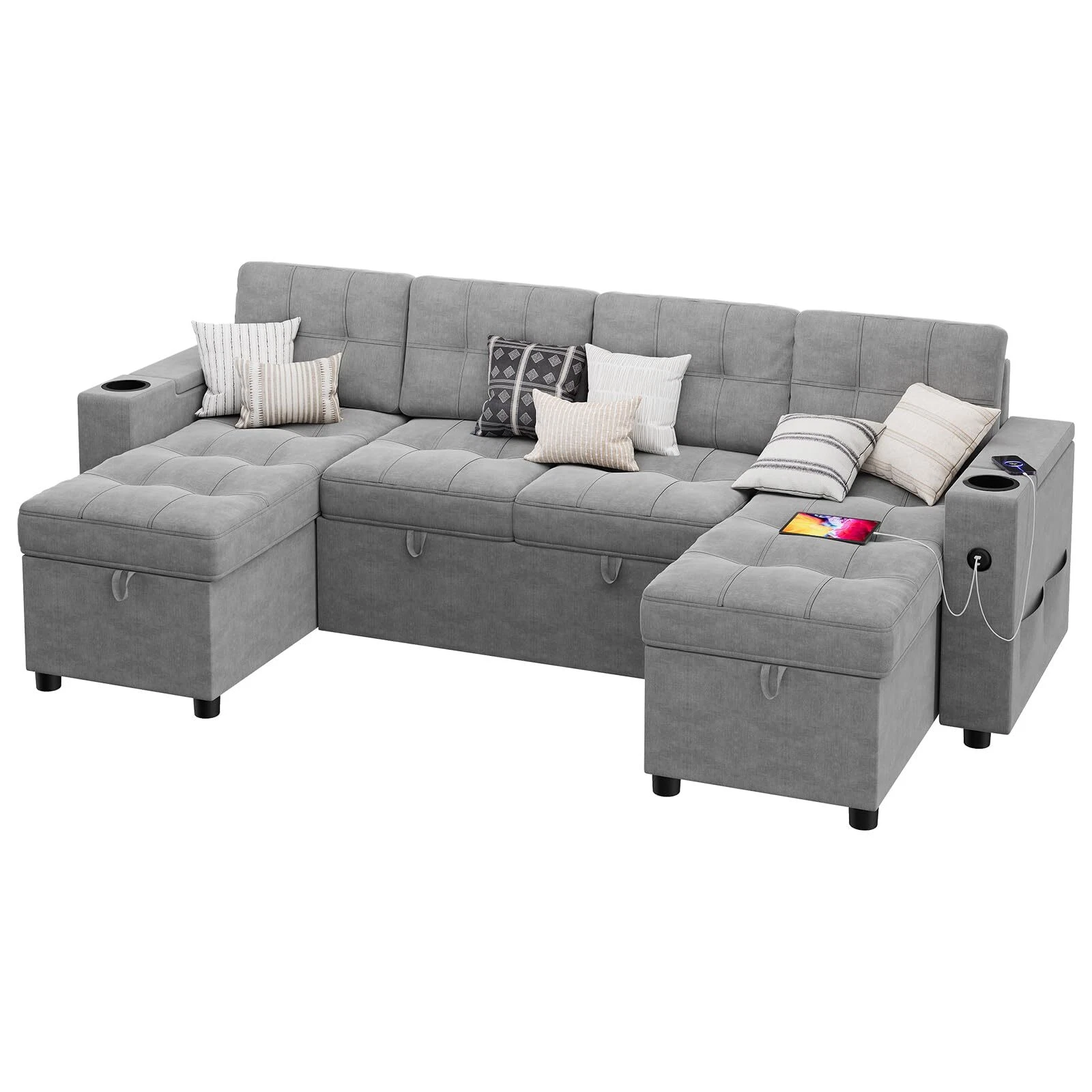 🔥Sofá seccional en forma de U con chaise doble Sofá cama extraíble 2 en 1 USB-A tipo C