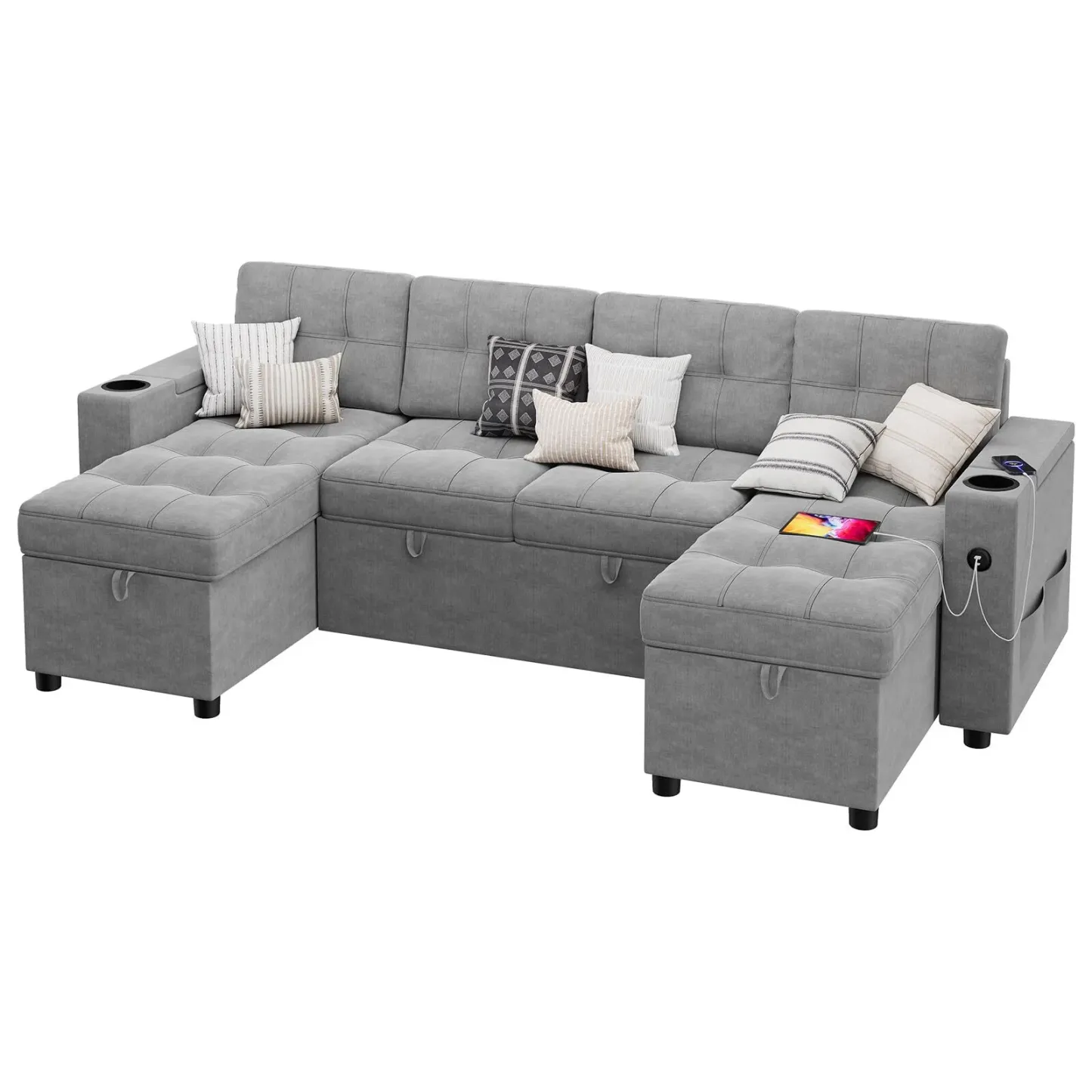 🔥Sofá seccional en forma de U con chaise doble Sofá cama extraíble 2 en 1 USB-A tipo C