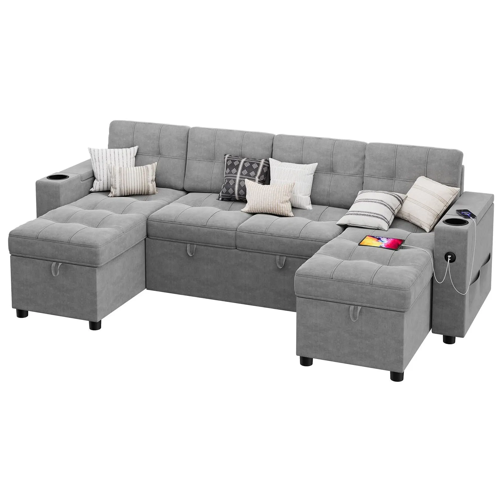 🔥Sofá seccional en forma de U con chaise doble Sofá cama extraíble 2 en 1 USB-A tipo C