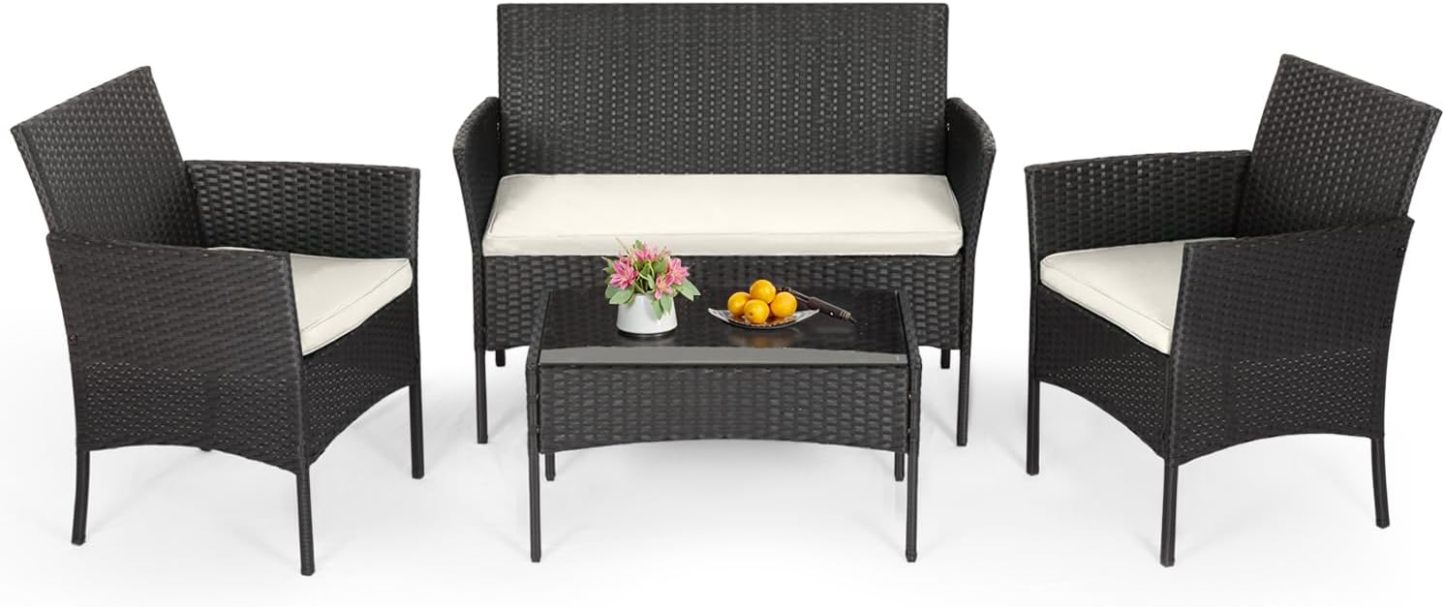 FDW - Juego de 4 muebles para exteriores, juego de conversación de mimbre con silla de ratán, mesa de centro para exteriores, interiores, jardín, patio, porche, terraza, balcón, cojines de mimbre