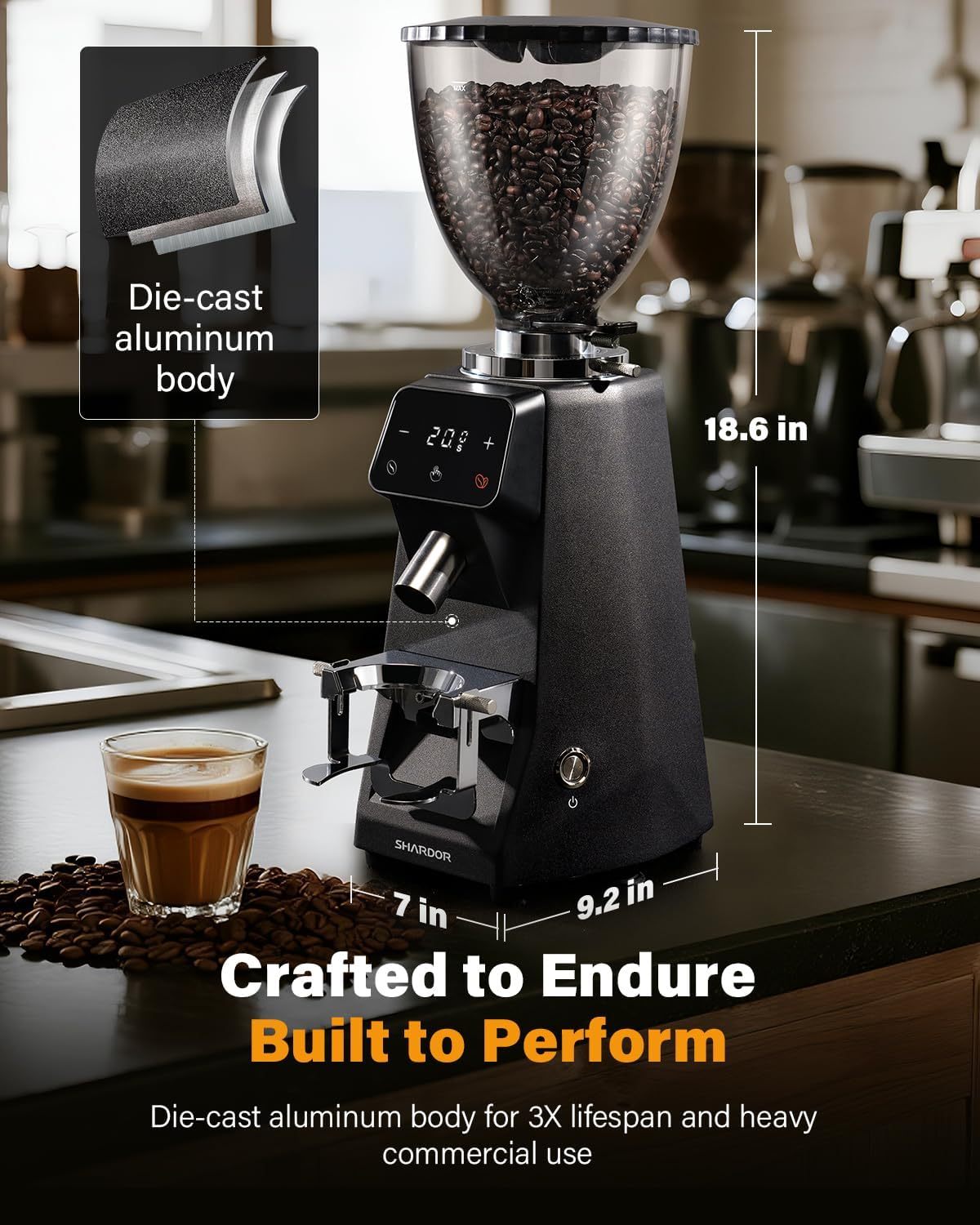 SHARDOR - Molinillo de cafÃ© de 64 mm, molinillo elÃ©ctrico de cafÃ© espresso para uso domÃ©stico con precisiÃ³n de grado comercial, 100 ajustes de molienda, carcasa de aluminio fundido a presiÃ³n, tolva de