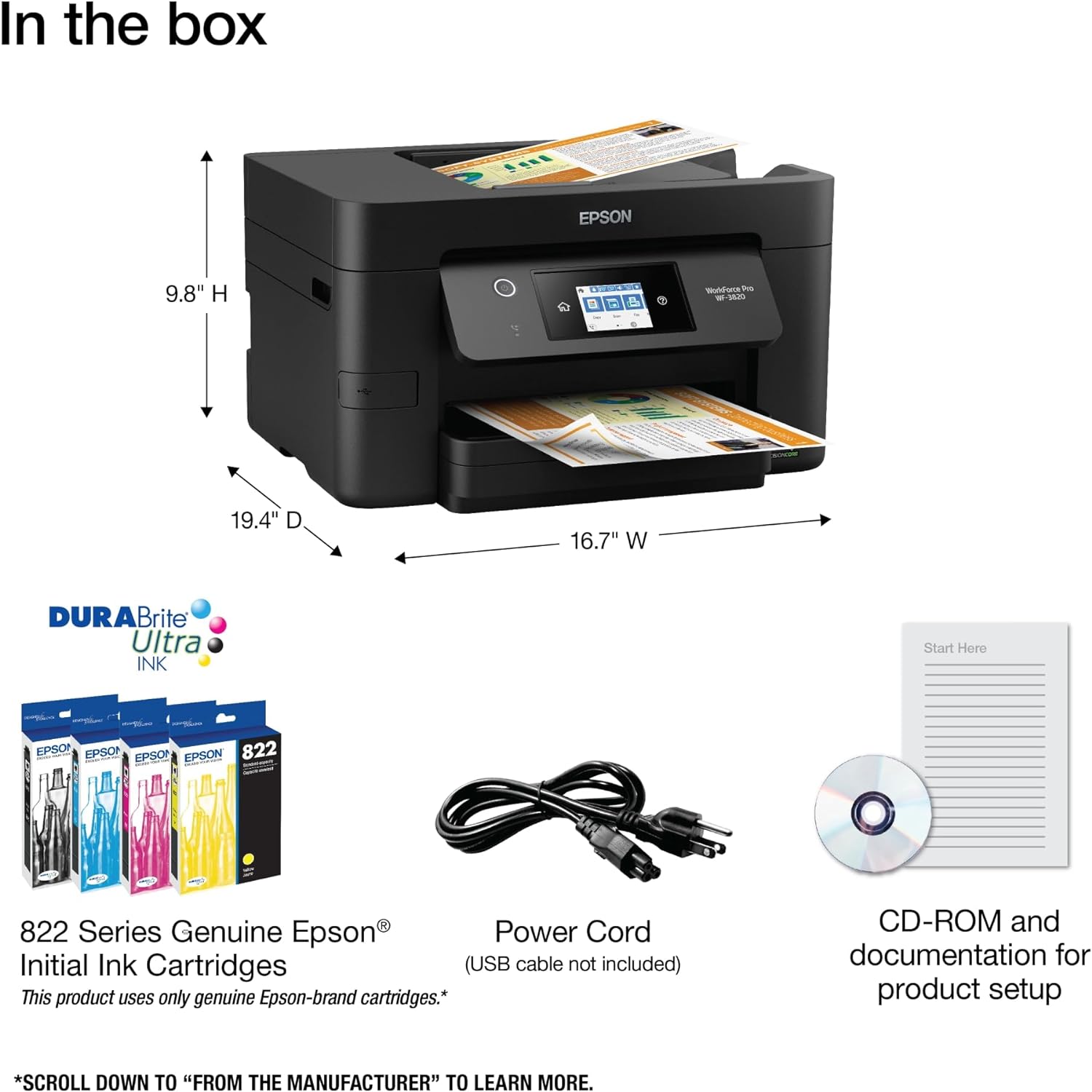 Impresora de inyección de tinta en color inalámbrica todo en uno Epson® Workforce® Pro WF-3820