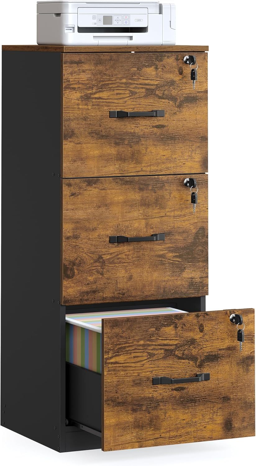 VASAGLE Archivador de 3 Cajones, Archivador con Cerradura, Soporte para Impresora, Archivos de Tamaño A4 y Carta, Blanco Nube MOFC055W14