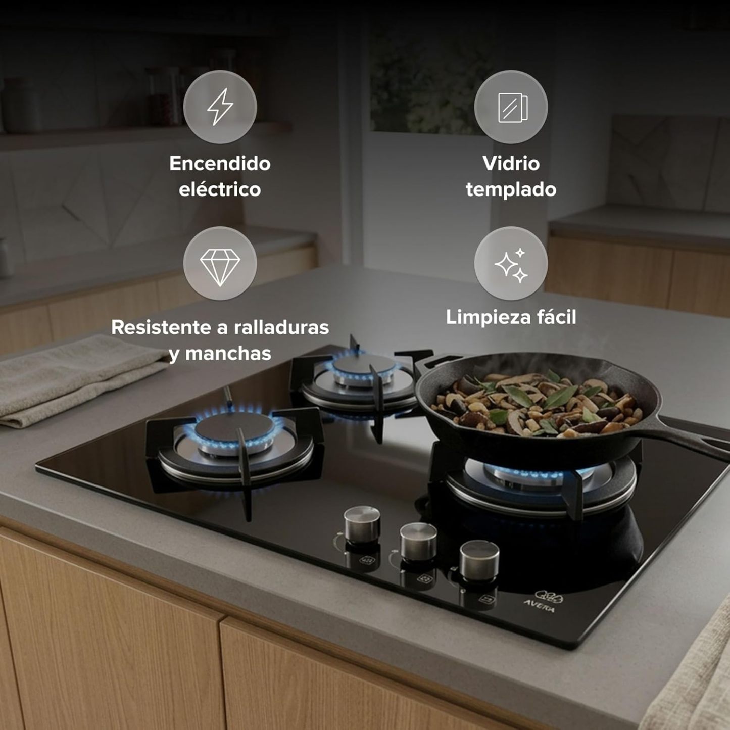 AVERA Parrilla de gas 3 quemadores Premium, Superficie de vidrio templado 60 cm, Soportes Hierro fundido, Encendido Electronico, Estufa Empotrable para Gas LP y Natural, Incluye espreas | VT3