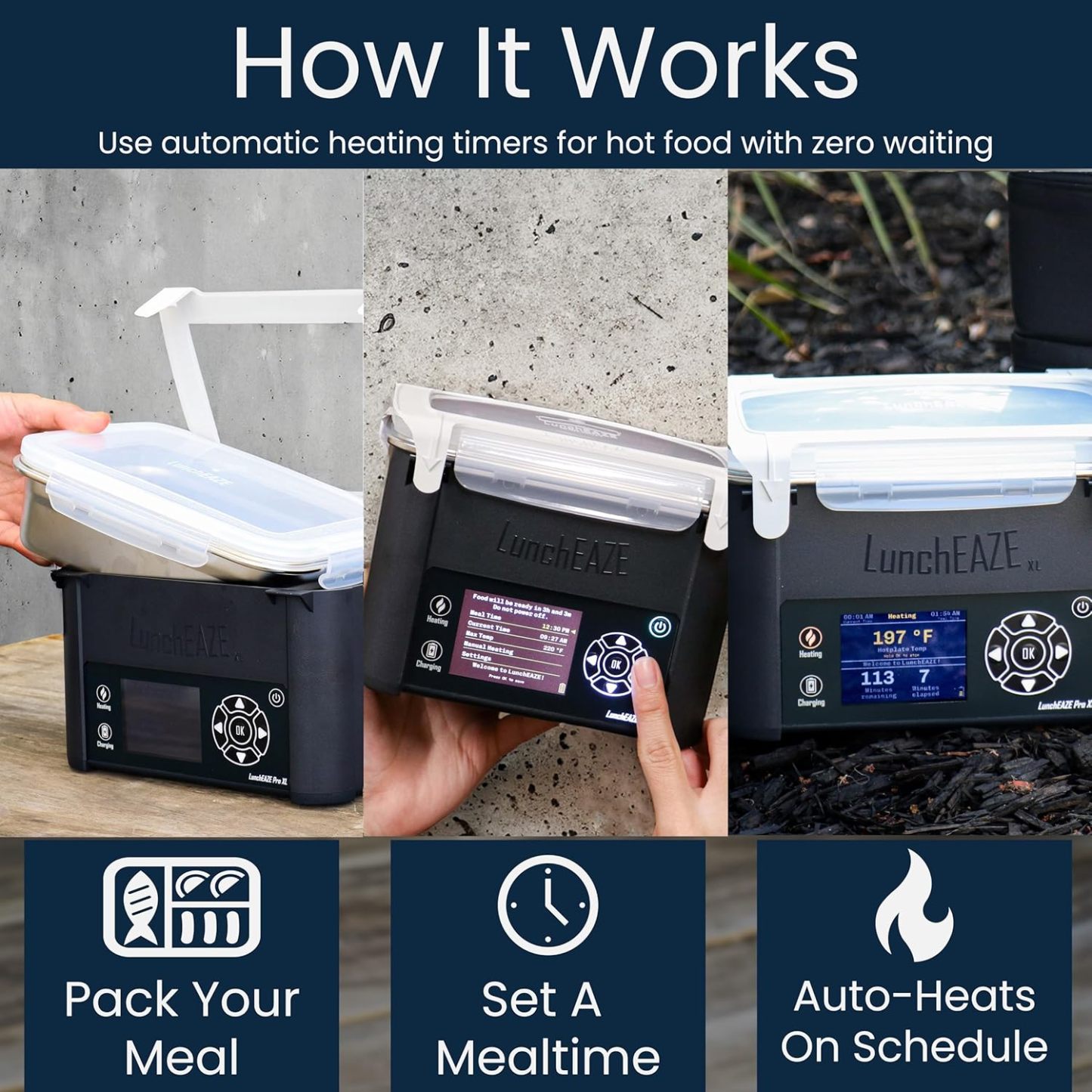 LunchEAZE Pro - Fiambrera térmica inalámbrica, alimentada con pilas, capacidad de 4 tazas, 250 °F máximo, calefacción programada automática, bolsa aislada incluida para comidas calientes en cualquier