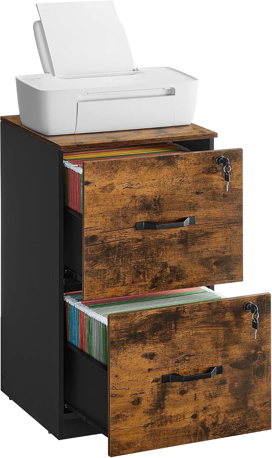 VASAGLE Archivador de 3 Cajones, Archivador con Cerradura, Soporte para Impresora, Archivos de Tamaño A4 y Carta, Blanco Nube MOFC055W14