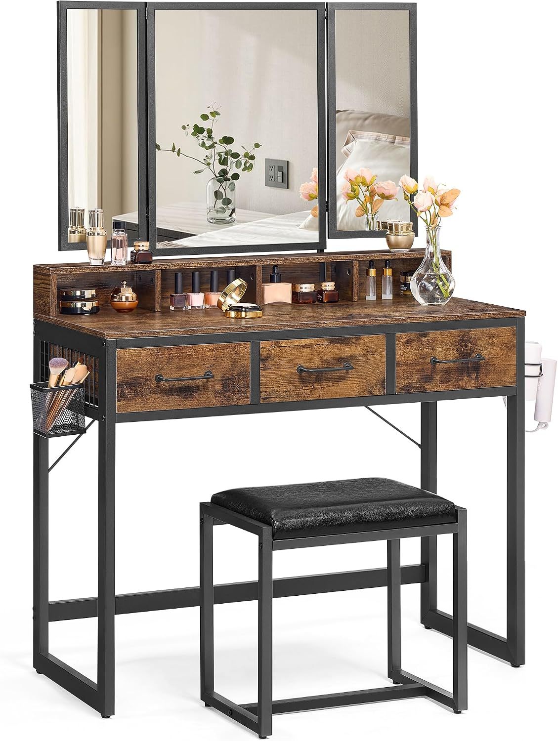 VASAGLE Tocador con Espejo y Taburete, Mesa de Maquillaje con Espejo Triple, 3 Cajones, Industrial, Marrón Rústico y Negro MRVT004B01V2