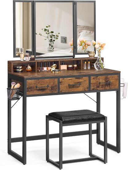 VASAGLE Tocador con Espejo y Taburete, Mesa de Maquillaje con Espejo Triple, 3 Cajones, Industrial, Marrón Rústico y Negro MRVT004B01V2