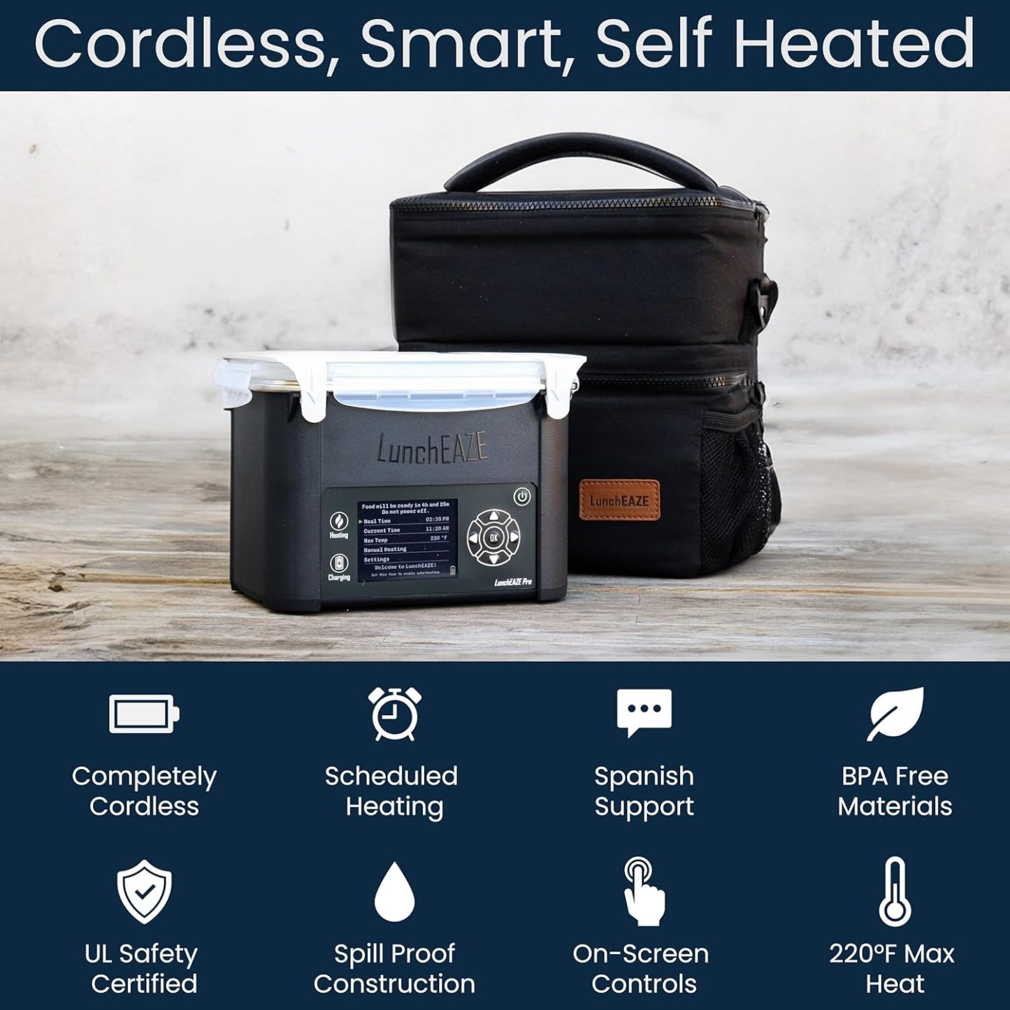 LunchEAZE Pro - Fiambrera térmica inalámbrica, alimentada con pilas, capacidad de 4 tazas, 250 °F máximo, calefacción programada automática, bolsa aislada incluida para comidas calientes en cualquier