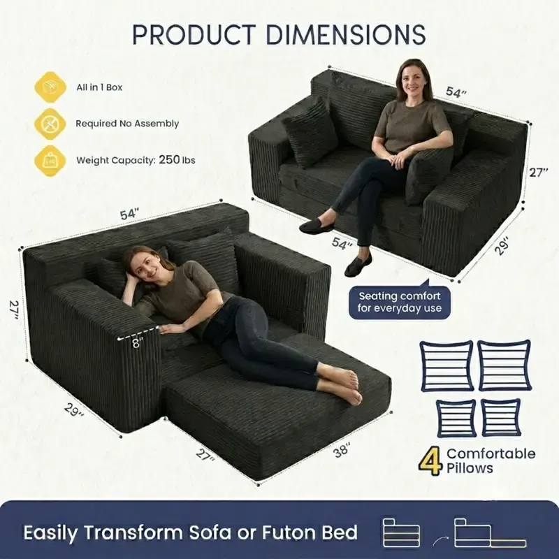 Sofá Cama Convertible 3 en 1 Winzoo Modelo de Suelo: Sillón Extragrande, Sofá 2 Plazas, Chaise Longue Plegable Futón, Incluye 4 Cojines para Sala