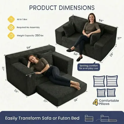 Sofá Cama Convertible 3 en 1 Winzoo Modelo de Suelo: Sillón Extragrande, Sofá 2 Plazas, Chaise Longue Plegable Futón, Incluye 4 Cojines para Sala
