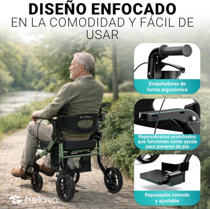 Helavo Andador 2 en 1 con Ruedas Todo Terreno de 10”, Silla de Ruedas Plegable Rollator Ligero con Función de Transporte, Altura Ajustable, Soporta hasta 136 kg