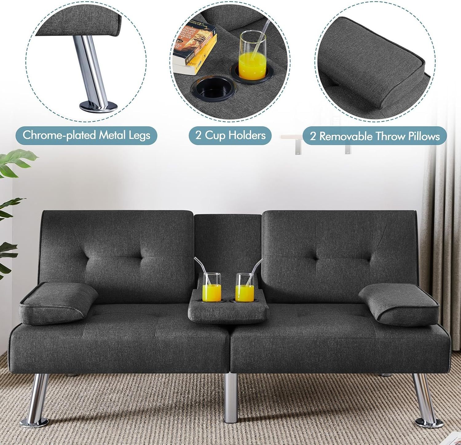 Yaheetech - Sofá Cama Convertible Ajustable, Moderno sillón reclinable de Piel sintética Reversible, sofá Cama Plegable, reposabrazos extraíbles, portavasos, 3 ángulos, Capacidad de 700 Libras, Color
