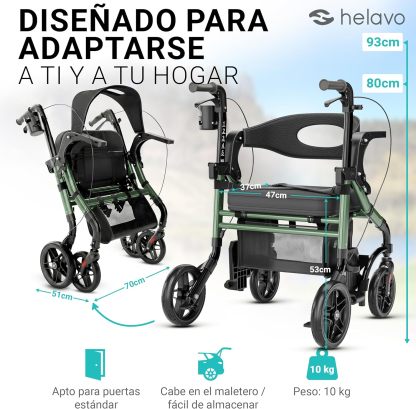 Helavo Andador 2 en 1 con Ruedas Todo Terreno de 10”, Silla de Ruedas Plegable Rollator Ligero con Función de Transporte, Altura Ajustable, Soporta hasta 136 kg