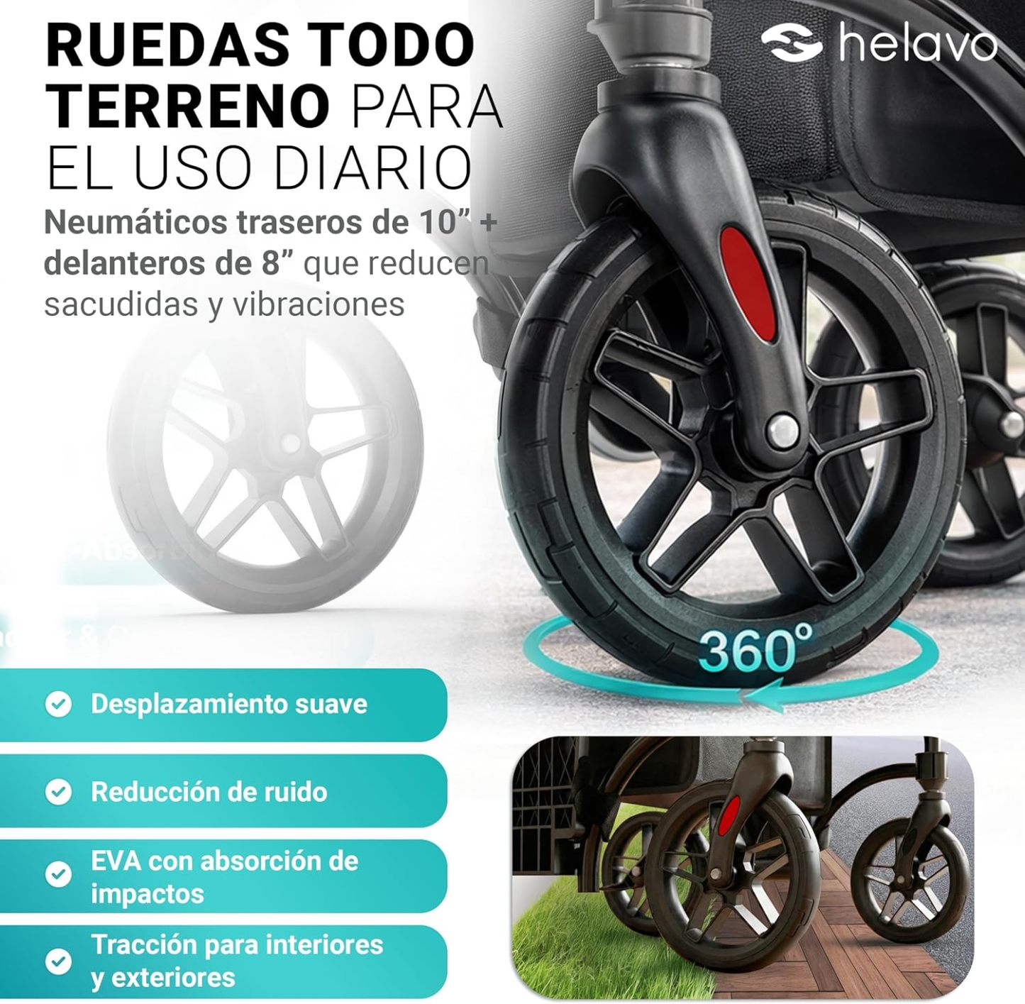 Helavo Andador 2 en 1 con Ruedas Todo Terreno de 10”, Silla de Ruedas Plegable Rollator Ligero con Función de Transporte, Altura Ajustable, Soporta hasta 136 kg