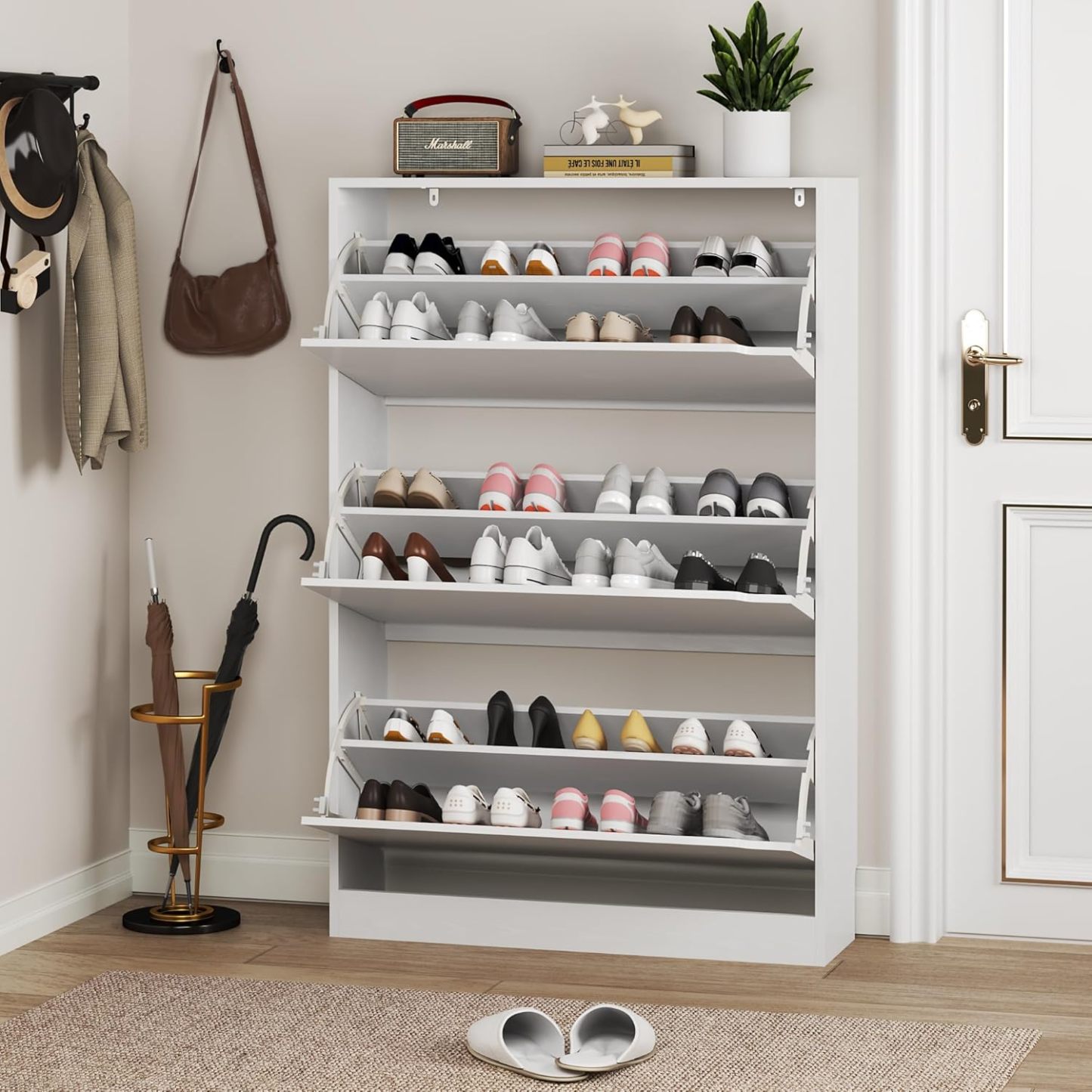 clóset de zapatos con 3 cajones abatibles, clóset de madera oculto, clóset de almacenamiento de zapatos no empotrado para entrada, pasillo, color blanco 47 pulgadas de alto x 31.5 pulgadas