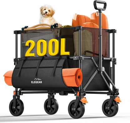 Carrito Plegable de Doble Pisos con Ruedas 360° Todo Terreno con Freno, Carrito de Compras para Mandado Transportador hasta 180Kg, Carro de Carga Tipo Wagon Vagón para Niños, Camping, Mascotas