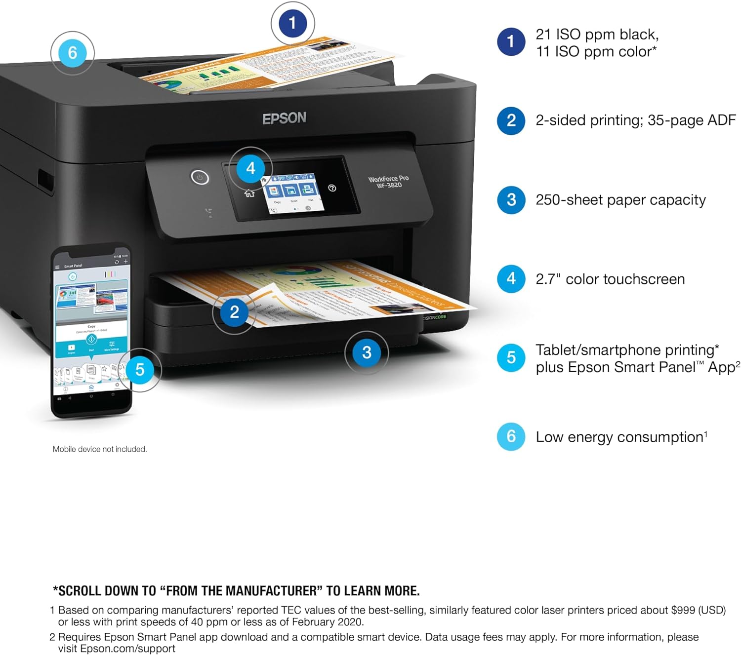Impresora de inyección de tinta en color inalámbrica todo en uno Epson® Workforce® Pro WF-3820