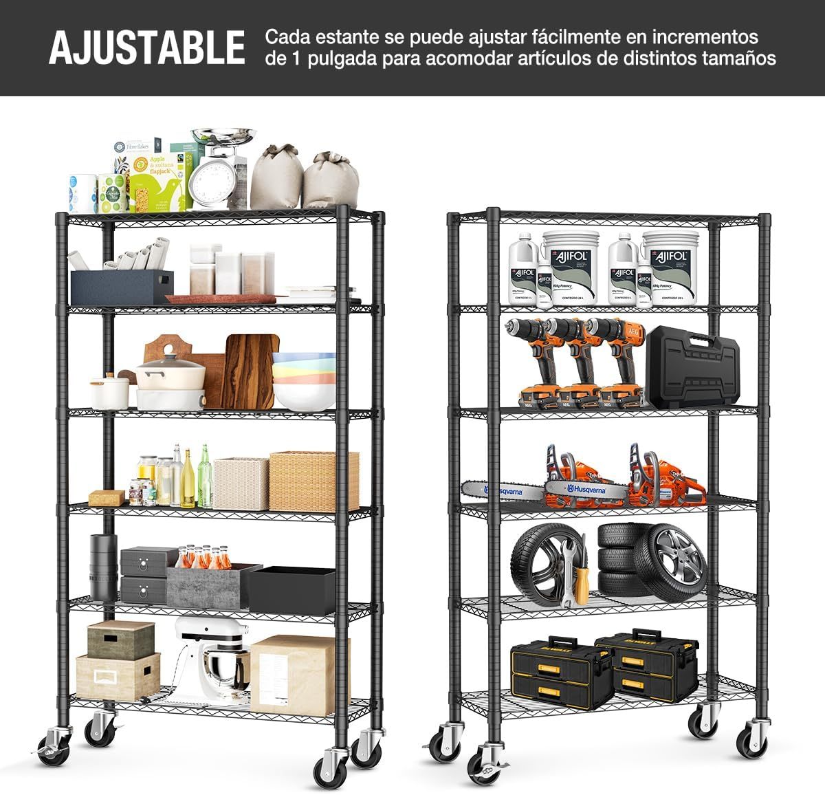 MXLENOBLE Estante de 5 repisas, Estantería de Almacenamiento Ajustable de estantes, Resistente en Ruedas de 4 Pulgadas, Estante Organizador de Metal, Cromado (IC085-B)
