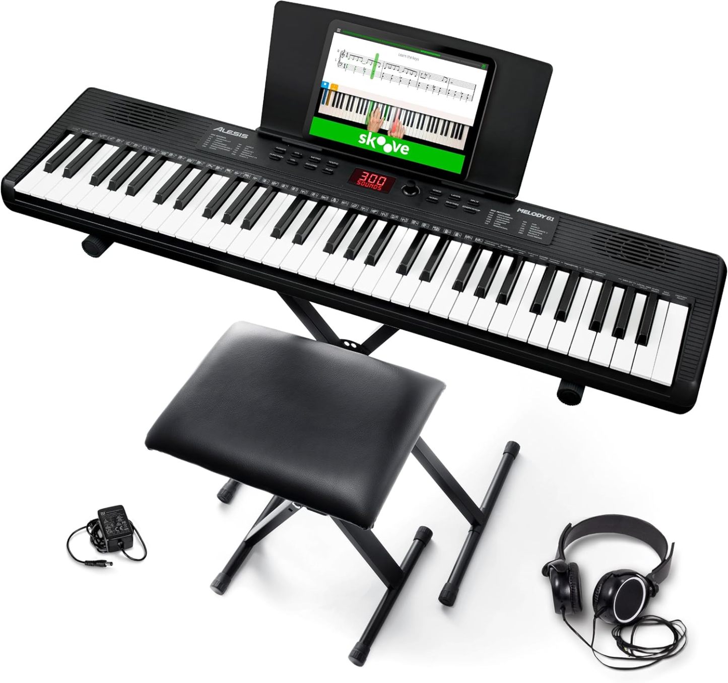 Alesis Melody 61 MK4 Teclado Piano El¨¦ctrico para Principiantes con 61 Teclas, Altavoces, Soporte, Banqueta, Auriculares, 300 Sonidos y Lecciones de M¨²sica