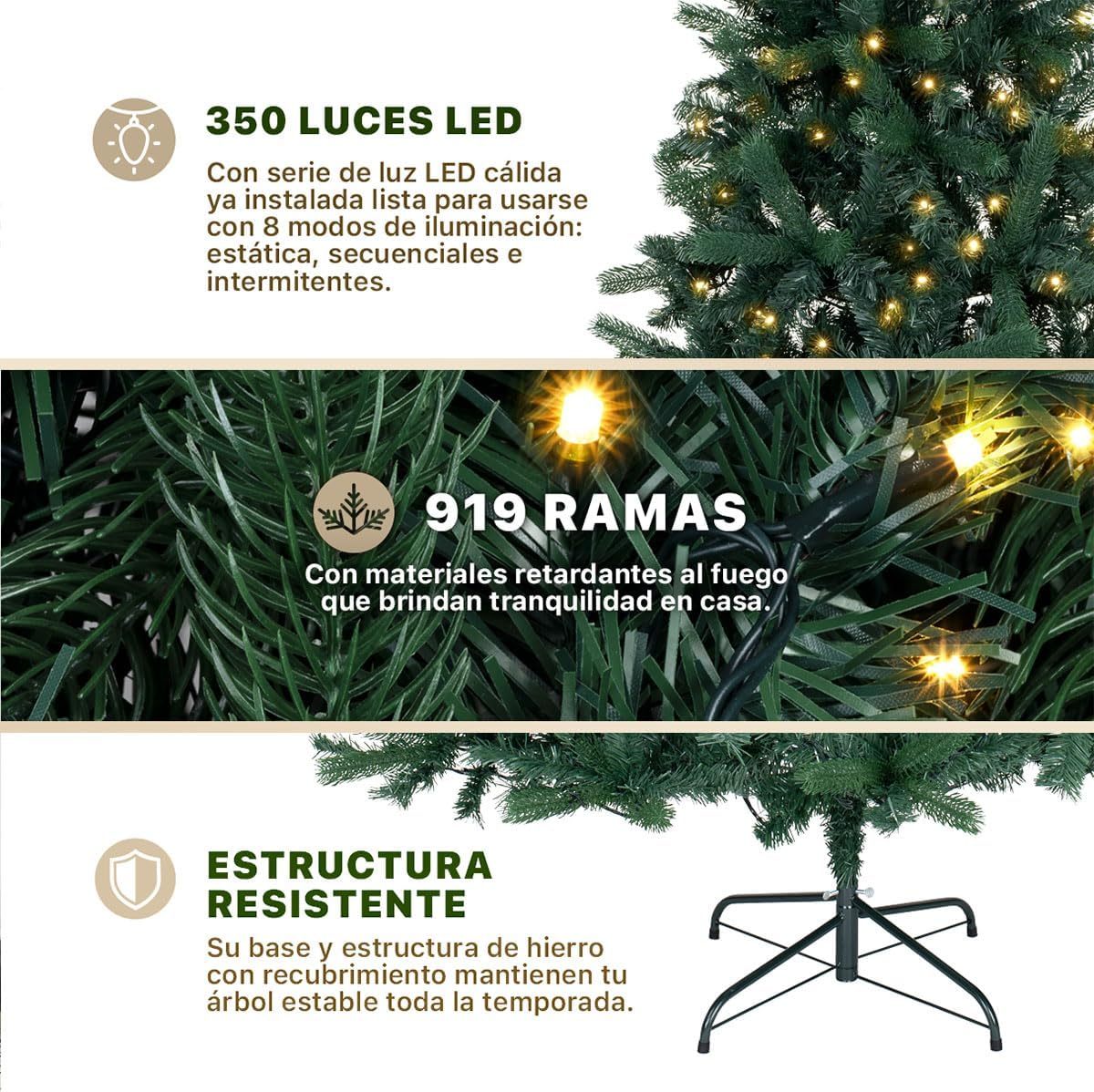 ESQUIMAL Árbol de Navidad Preiluminado con Luces LED 8 Modos de Iluminación (Verde Oscuro, 2.50 m)