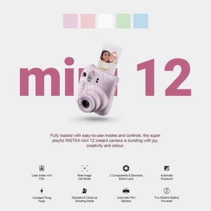 Fujifilm Instax Mini 12 cámara instantánea lila púrpura + estuche de transporte + Fuji Instax Film Value Pack (40 hojas) paquete de accesorios, filtros de color, álbum de fotos, marcos surtidos