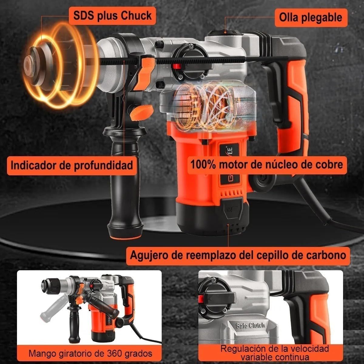 GOXAWEE Kit De 1600W Rotomartillo Cincelador Perforador, 1050RPM, SDS-Plus Con Maletín De Transporte, Taladro de martillo giratorio para Martillar Hormigón, Cavidades de Paredes