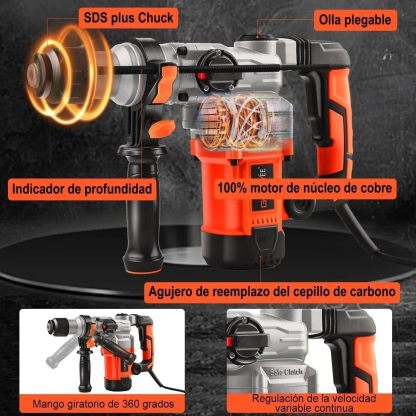 GOXAWEE Kit De 1600W Rotomartillo Cincelador Perforador, 1050RPM, SDS-Plus Con Maletín De Transporte, Taladro de martillo giratorio para Martillar Hormigón, Cavidades de Paredes