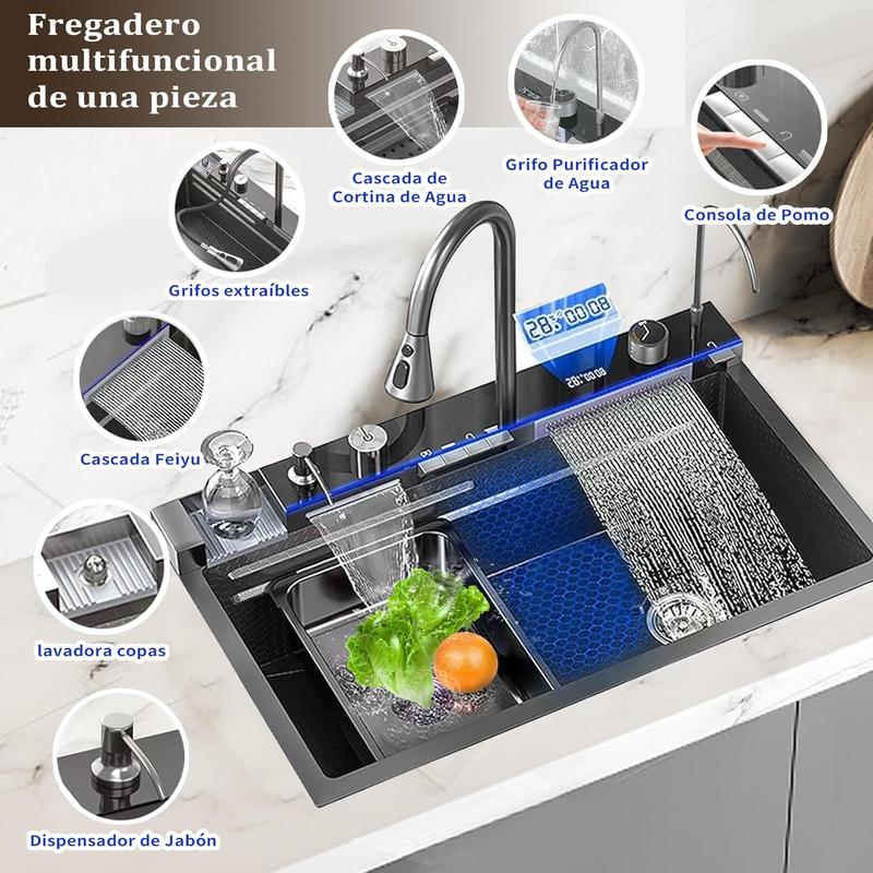 Fregadero de cocina multifuncional,tarjas para cocina acero inoxidable de 75x46 cm con pantalla digital,dispensador de jabón,tabla de cortar de doble cara fregadero de lujo con varios accesorios