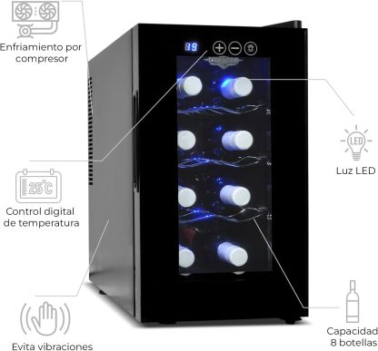 RACK & PACK Cava de Vinos para 8 Botellas 3 Rejillas Control de Temperatura Digital Iluminacion Led Azul Enfriador de Vinos Refrigerador para Vino Frigobar 8 – 18° C 55 W 22 L sin Vibraciones