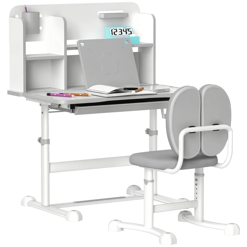 Qaba Juego de escritorio y silla para niños de altura ajustable para escribir y dibujar con escritorio inclinable, cajón de almacenamiento y estante de lectura
