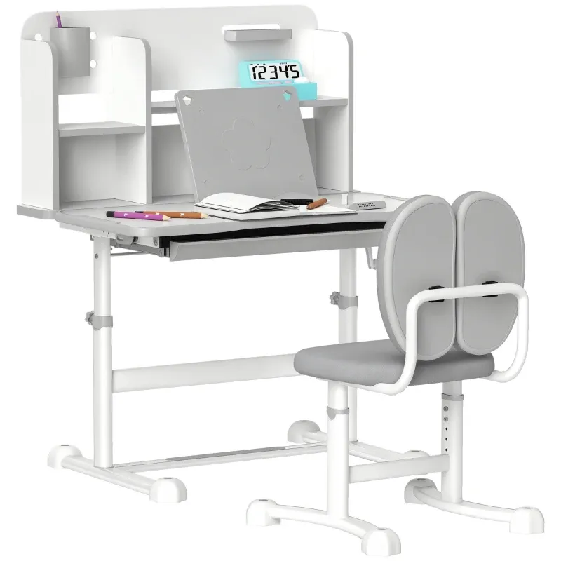 Qaba Juego de escritorio y silla para niños de altura ajustable para escribir y dibujar con escritorio inclinable, cajón de almacenamiento y estante de lectura
