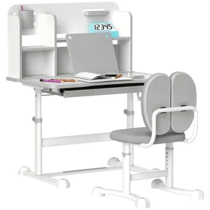 Qaba Juego de escritorio y silla para niños de altura ajustable para escribir y dibujar con escritorio inclinable, cajón de almacenamiento y estante de lectura