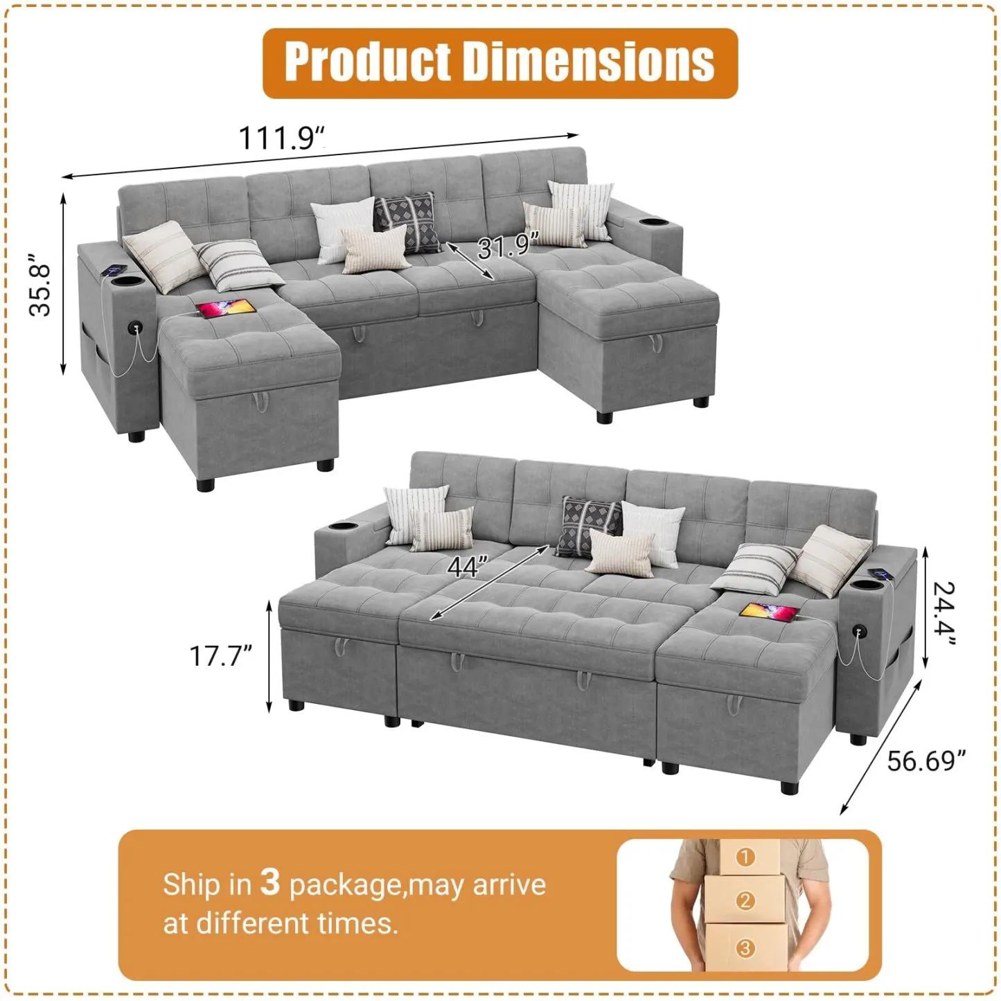 🔥Sofá seccional en forma de U con chaise doble Sofá cama extraíble 2 en 1 USB-A tipo C