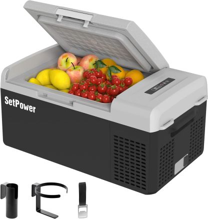 Setpower FC15 Refrigerador portátil de 12V, refrigerador de coche de enfriamiento rápido -20 °C-20 °C, refrigerador de coche portátil de 15L/15.8Qt con congelador portátil con 12/24V CC y 110/240V CA