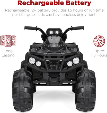 Best Choice Products 12V ATV eléctrico para niños de 4 ruedas con audio Bluetooth, velocidad máxima de 3.7 mph, neumáticos con banda de rodadura, faros LED, radio, color negro