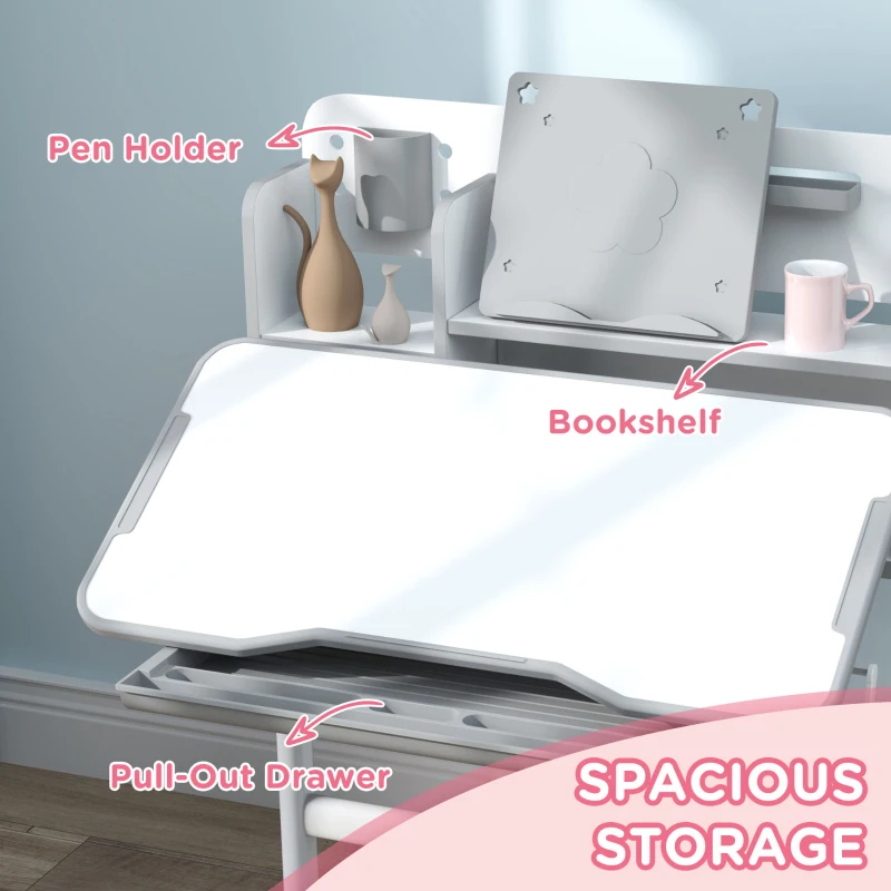 Qaba Juego de escritorio y silla para niños de altura ajustable para escribir y dibujar con escritorio inclinable, cajón de almacenamiento y estante de lectura
