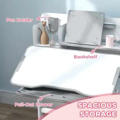 Qaba Juego de escritorio y silla para niños de altura ajustable para escribir y dibujar con escritorio inclinable, cajón de almacenamiento y estante de lectura