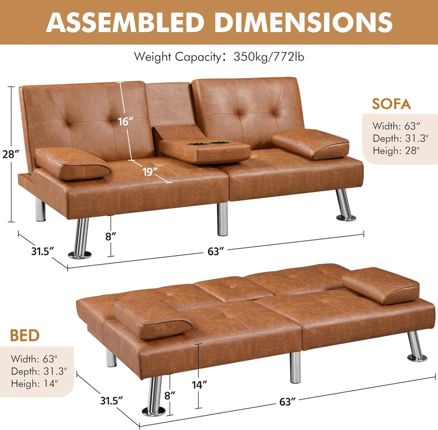 Yaheetech - Sofá cama convertible ajustable, moderno sillón reclinable, piel sintética, plegable, cama de invitados, reposabrazos extraíbles, portavasos 3 ángulos, capacidad de 317 kg, blanco