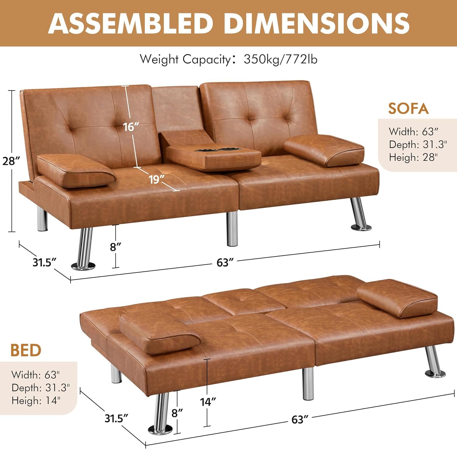 Yaheetech - Sofá cama convertible ajustable, moderno sillón reclinable, piel sintética, plegable, cama de invitados, reposabrazos extraíbles, portavasos 3 ángulos, capacidad de 317 kg, blanco
