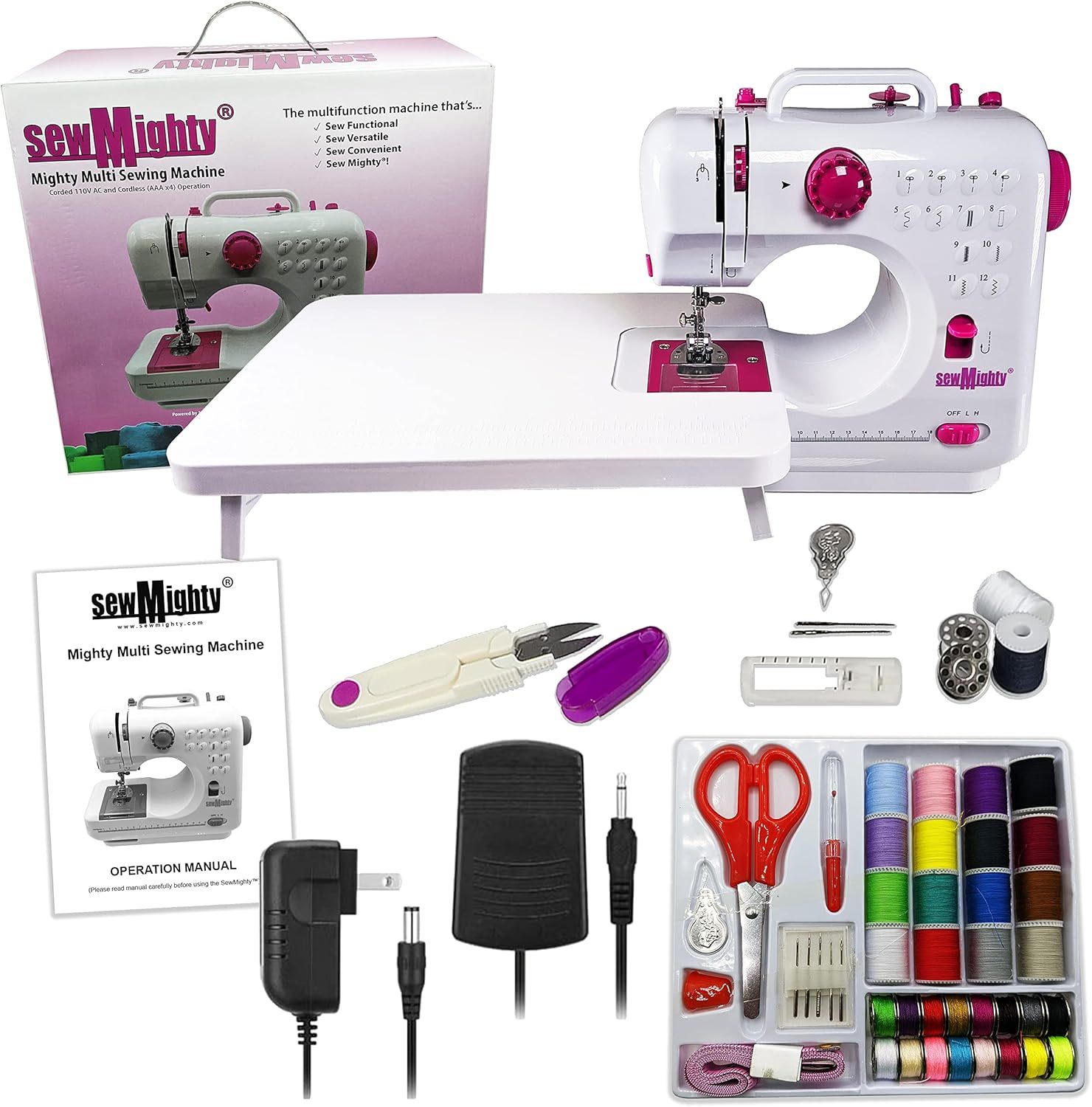 Sew Mighty Mini máquina de coser portátil y kit de costura – 12 patrones de costura preprogramados – Funciona con pilas y CA, doble velocidad, cose hacia adelante y hacia atrás, alimentación de CA y CC – Incluye pedal de pie