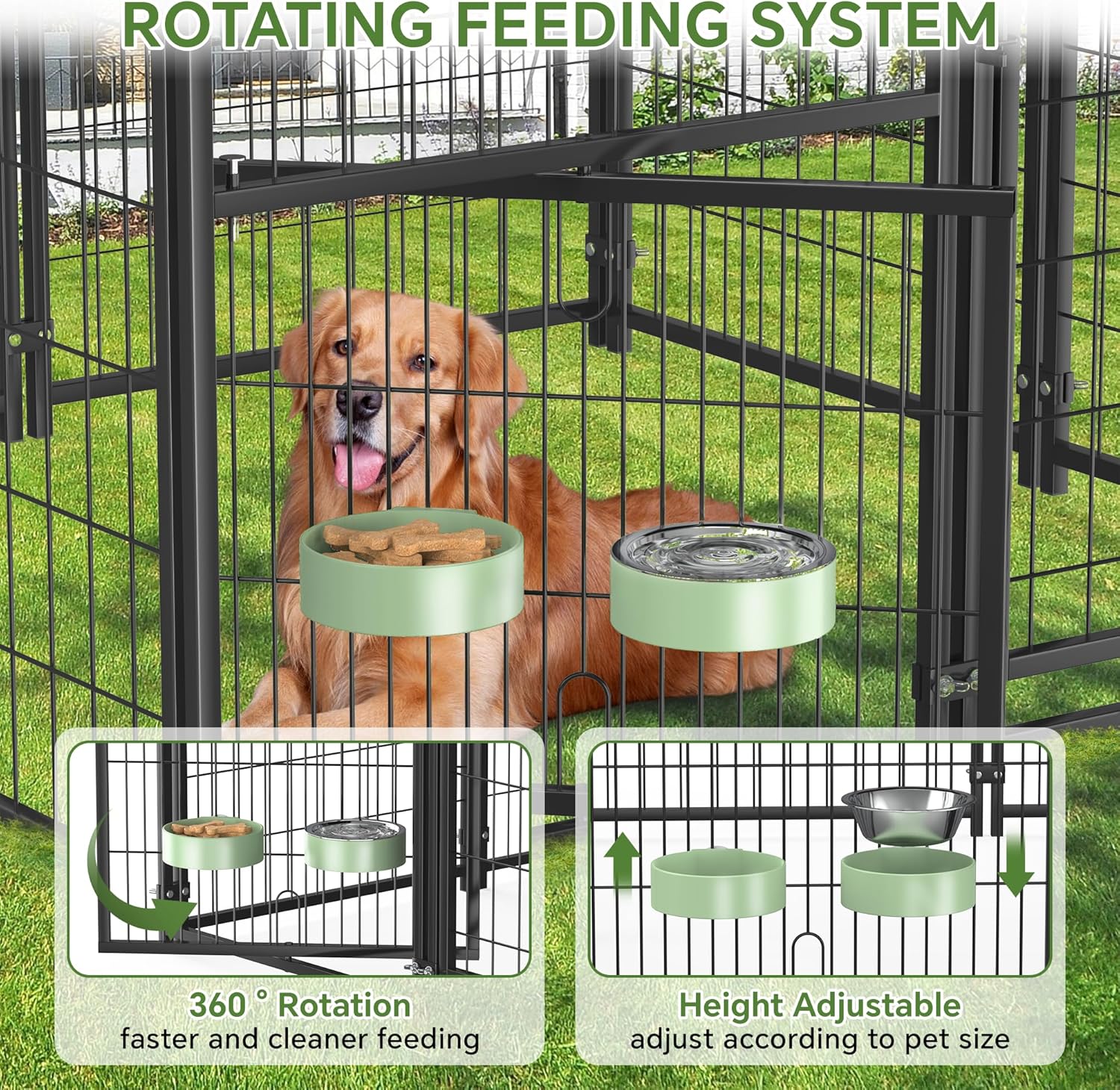 Mr Ironstone- Perrera grande para perros al aire libre con techo resistente al agua, perrera exterior resistente para perros, corral para mascotas, recinto para perros con comedero giratorio y cerradu