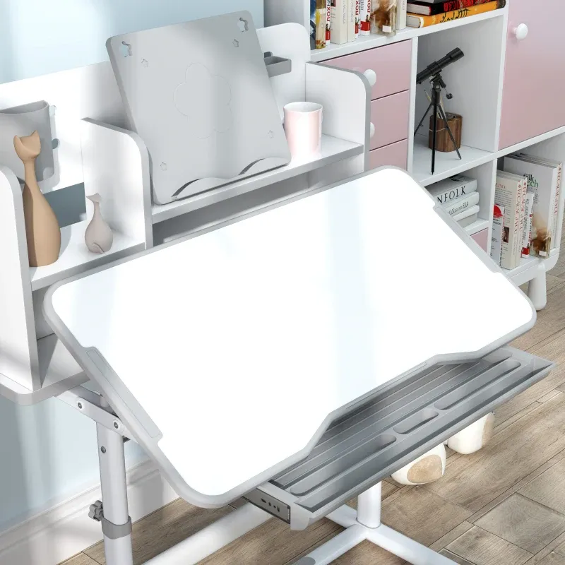Qaba Juego de escritorio y silla para niños de altura ajustable para escribir y dibujar con escritorio inclinable, cajón de almacenamiento y estante de lectura
