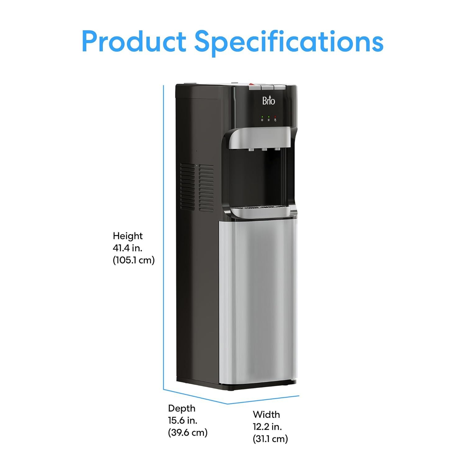 Brio Dispensador de enfriador de agua de carga inferior para botellas de 5 galones, 3 temperaturas con boquillas calientes, habitación y frías, bloqueo de seguridad infantil, visualización LED con alerta de botella vacía, acero inoxidable