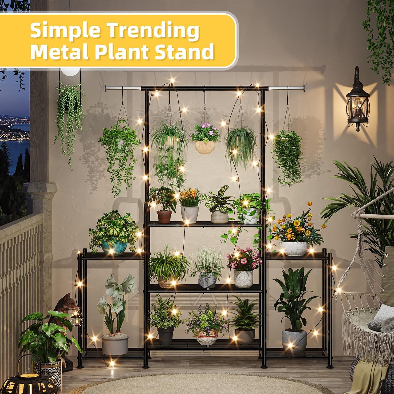 Simple Trending - Soporte para plantas de metal de 3 niveles para múltiples macetas, gran escalera, negro