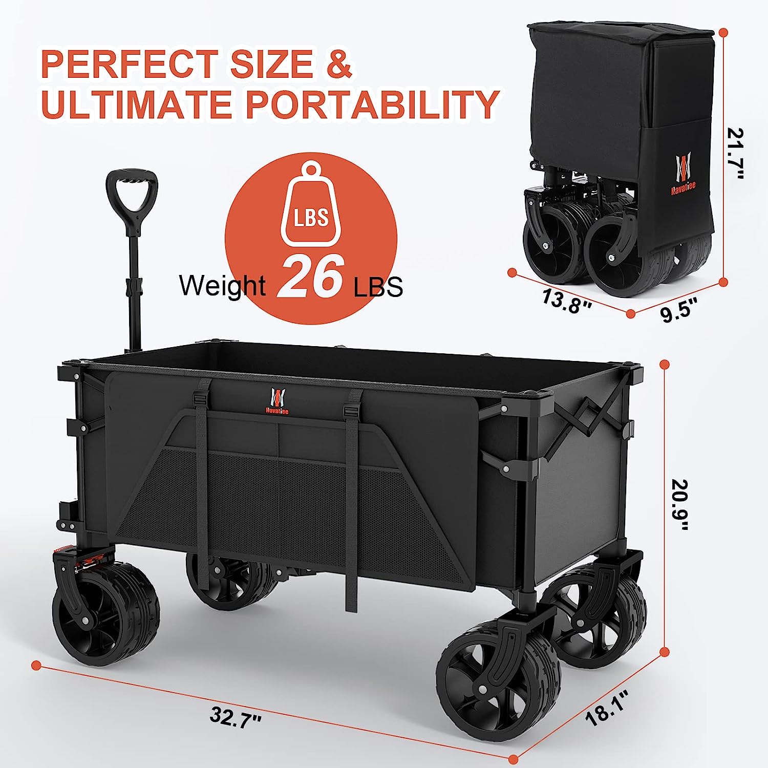Navatiee Collapsible Folding Wagon, Beach Wagon Cart Heavy Duty Foldable with Big Wheels